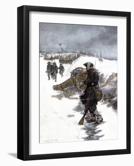 Valley Forge Soldier on Picket Duty in the Snow, Awaiting His Relief Shift, American Revolution-null-Framed Giclee Print