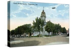 Valparaiso, Indiana - Airplane over Court House Square Building-Lantern Press-Stretched Canvas