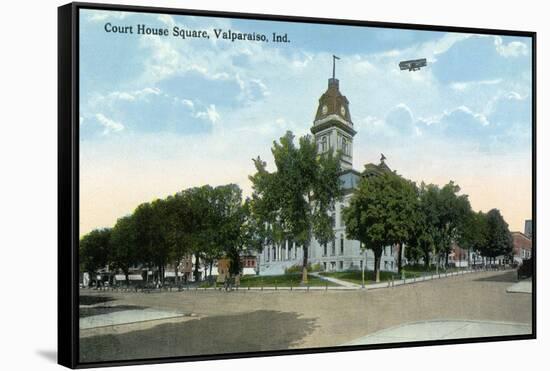 Valparaiso, Indiana - Airplane over Court House Square Building-Lantern Press-Framed Stretched Canvas