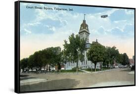 Valparaiso, Indiana - Airplane over Court House Square Building-Lantern Press-Framed Stretched Canvas