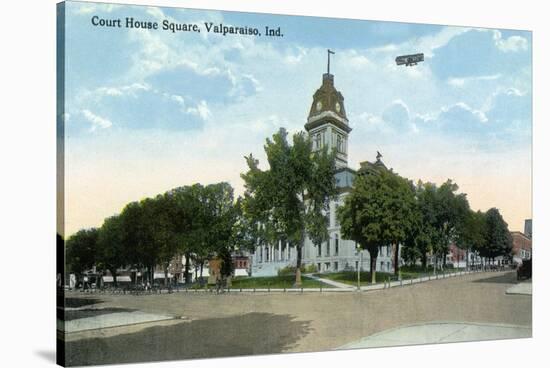 Valparaiso, Indiana - Airplane over Court House Square Building-Lantern Press-Stretched Canvas