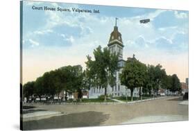 Valparaiso, Indiana - Airplane over Court House Square Building-Lantern Press-Stretched Canvas