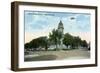 Valparaiso, Indiana - Airplane over Court House Square Building-Lantern Press-Framed Art Print