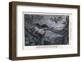 Vampire Bat Bites the Neck of a Sleeping Girl in as Hammock-null-Framed Photographic Print