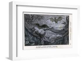 Vampire Bat Bites the Neck of a Sleeping Girl in as Hammock-null-Framed Photographic Print