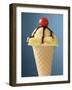 Vanilla Ice Cream Cone with Chocolate Sauce and Cocktail Cherry-null-Framed Photographic Print
