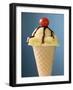 Vanilla Ice Cream Cone with Chocolate Sauce and Cocktail Cherry-null-Framed Photographic Print