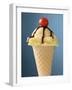 Vanilla Ice Cream Cone with Chocolate Sauce and Cocktail Cherry-null-Framed Photographic Print