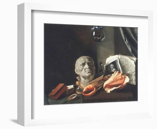 Vanitas Still Life with a Bust, Seashells, Books and Glass Flasks-null-Framed Giclee Print