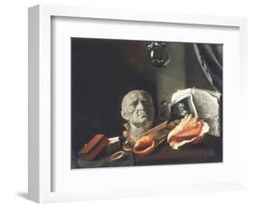 Vanitas Still Life with a Bust, Seashells, Books and Glass Flasks-null-Framed Giclee Print