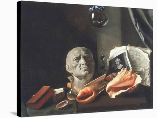 Vanitas Still Life with a Bust, Seashells, Books and Glass Flasks-null-Stretched Canvas