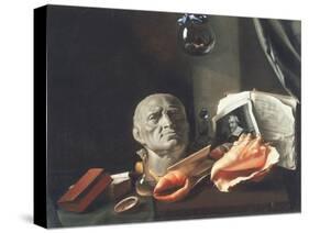 Vanitas Still Life with a Bust, Seashells, Books and Glass Flasks-null-Stretched Canvas