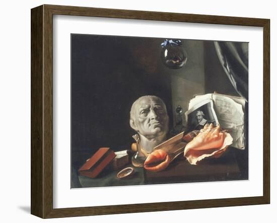 Vanitas Still Life with a Bust, Seashells, Books and Glass Flasks-null-Framed Giclee Print