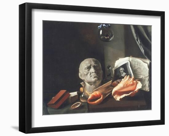 Vanitas Still Life with a Bust, Seashells, Books and Glass Flasks-null-Framed Giclee Print