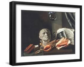 Vanitas Still Life with a Bust, Seashells, Books and Glass Flasks-null-Framed Giclee Print