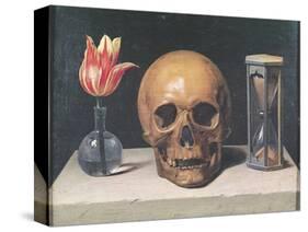 Vanitas Still Life with a Tulip, Skull and Hour-Glass-Philippe De Champaigne-Stretched Canvas
