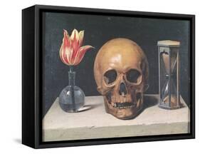 Vanitas Still Life with a Tulip, Skull and Hour-Glass-Philippe De Champaigne-Framed Stretched Canvas