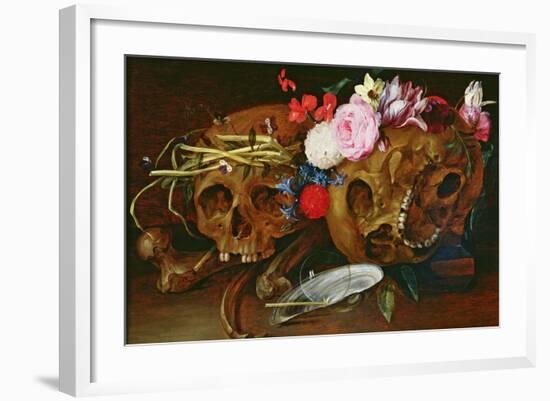 Vanitas Still Life with Skulls, Flowers, a Pearl Mussel Shell, a Bubble and Straw-Nicolaes van Veerendael-Framed Giclee Print