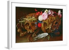 Vanitas Still Life with Skulls, Flowers, a Pearl Mussel Shell, a Bubble and Straw-Nicolaes van Veerendael-Framed Giclee Print