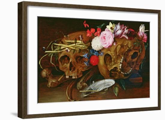 Vanitas Still Life with Skulls, Flowers, a Pearl Mussel Shell, a Bubble and Straw-Nicolaes van Veerendael-Framed Giclee Print