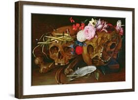 Vanitas Still Life with Skulls, Flowers, a Pearl Mussel Shell, a Bubble and Straw-Nicolaes van Veerendael-Framed Giclee Print