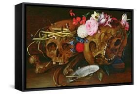 Vanitas Still Life with Skulls, Flowers, a Pearl Mussel Shell, a Bubble and Straw-Nicolaes van Veerendael-Framed Stretched Canvas