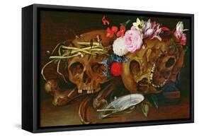 Vanitas Still Life with Skulls, Flowers, a Pearl Mussel Shell, a Bubble and Straw-Nicolaes van Veerendael-Framed Stretched Canvas