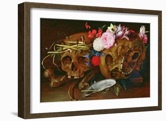 Vanitas Still Life with Skulls, Flowers, a Pearl Mussel Shell, a Bubble and Straw-Nicolaes van Veerendael-Framed Giclee Print