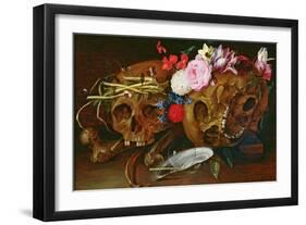 Vanitas Still Life with Skulls, Flowers, a Pearl Mussel Shell, a Bubble and Straw-Nicolaes van Veerendael-Framed Giclee Print