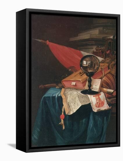 Vanitas Still Life with the Artist at His Easel Reflected in a Crystal Ball-Vincent Laurensz van der Vinne-Framed Stretched Canvas