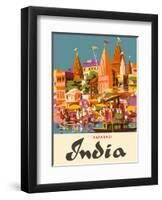 Varanasi India, Ganges River, (Banares, Banaras, Kashi) in Uttar Pradesh, Manikarnika Burning Ghat-Charles Baskerville-Framed Art Print