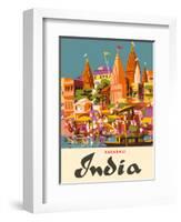 Varanasi India, Ganges River, (Banares, Banaras, Kashi) in Uttar Pradesh, Manikarnika Burning Ghat-Charles Baskerville-Framed Art Print