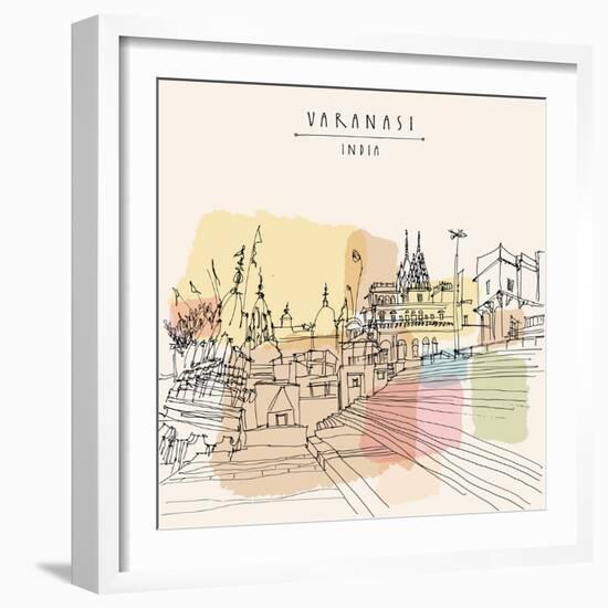 Varanasi, India. Old Hindu Religion Temples with Flags. Holy Place for Indian People. Ghat Stairs.-babayuka-Framed Art Print