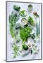 Variety of Green Vegetables Produce on Rustic White Background from Overhead, Broccoli, Celery, Avo-Daxiao Productions-Mounted Photographic Print