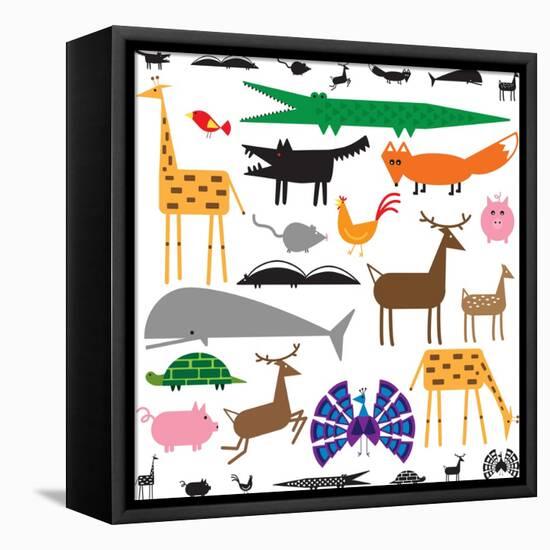 Variety of Stylized Animals in Color and Black and White-Adrian Sawvel-Framed Stretched Canvas