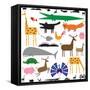 Variety of Stylized Animals in Color and Black and White-Adrian Sawvel-Framed Stretched Canvas