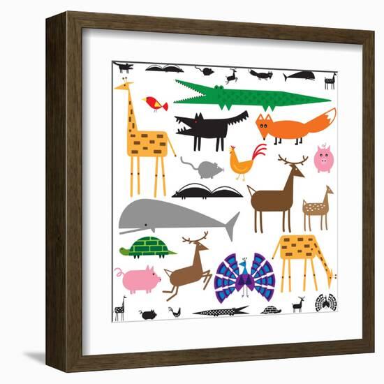 Variety of Stylized Animals in Color and Black and White-Adrian Sawvel-Framed Art Print