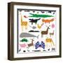 Variety of Stylized Animals in Color and Black and White-Adrian Sawvel-Framed Art Print