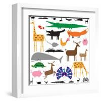 Variety of Stylized Animals in Color and Black and White-Adrian Sawvel-Framed Art Print