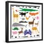 Variety of Stylized Animals in Color and Black and White-Adrian Sawvel-Framed Art Print