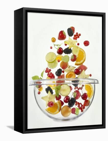 Various Fruits Falling into Glass Bowl-J?rgen Holz-Framed Stretched Canvas