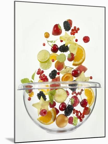 Various Fruits Falling into Glass Bowl-J?rgen Holz-Mounted Photographic Print