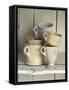 Various Light Coloured Cups on Wooden Shelf-Ellen Silverman-Framed Stretched Canvas