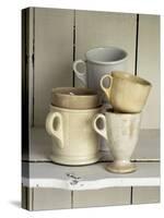 Various Light Coloured Cups on Wooden Shelf-Ellen Silverman-Stretched Canvas