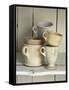 Various Light Coloured Cups on Wooden Shelf-Ellen Silverman-Framed Stretched Canvas