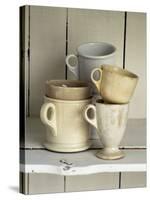 Various Light Coloured Cups on Wooden Shelf-Ellen Silverman-Stretched Canvas