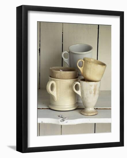 Various Light Coloured Cups on Wooden Shelf-Ellen Silverman-Framed Premium Photographic Print