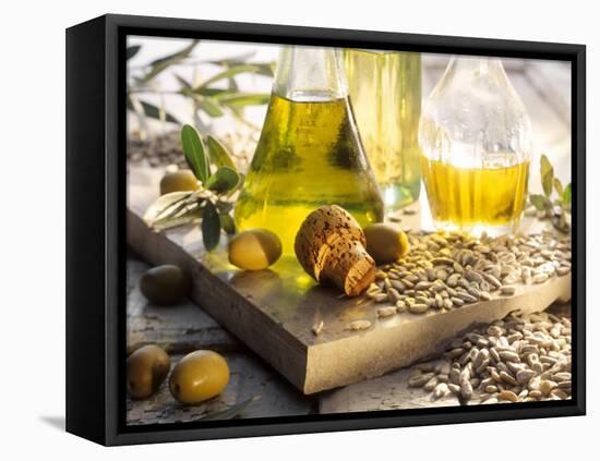 Various Oils in Carafes, Olives, Sunflower Seeds-Peter Rees-Framed Stretched Canvas