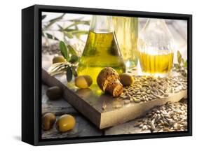 Various Oils in Carafes, Olives, Sunflower Seeds-Peter Rees-Framed Stretched Canvas