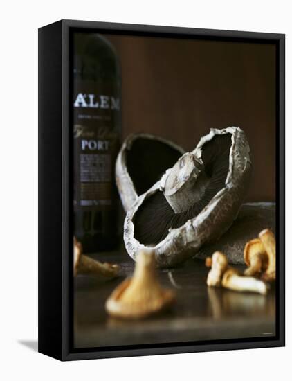 Various Types of Mushrooms in Front of Port Wine Bottle-Henrik Freek-Framed Stretched Canvas